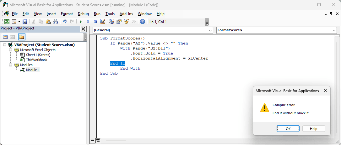 VBA selects End If incorrectly placed above End With in FormatScores.