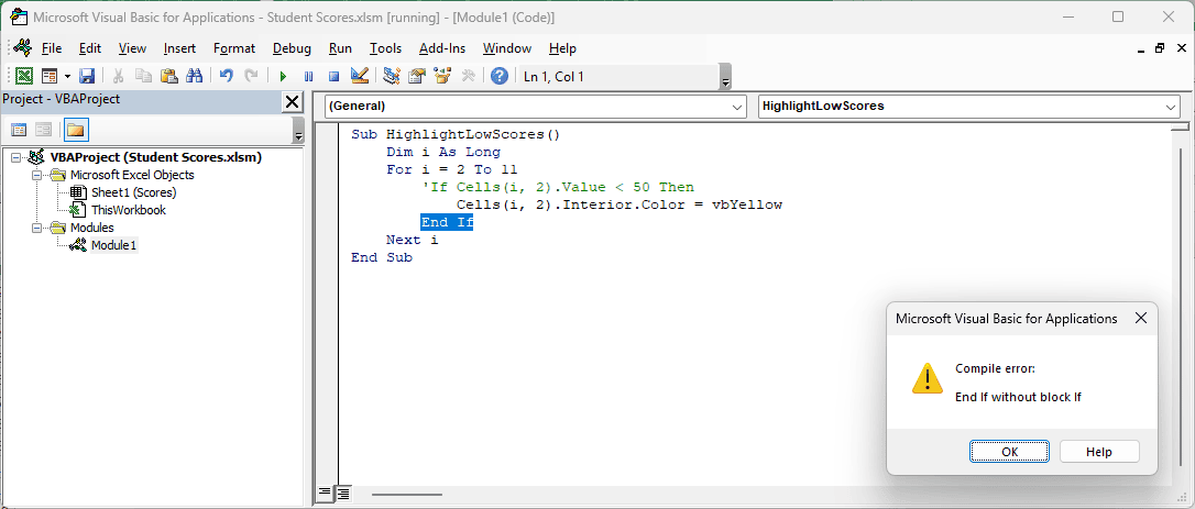 VBA selects End If below an opening If line commented out in green.