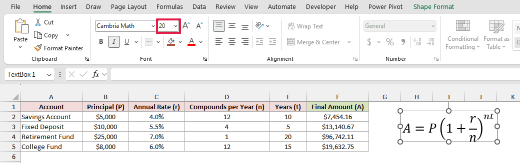 The Home tab Font Size box shows 20, outlined in red, with the selected equation enlarged.