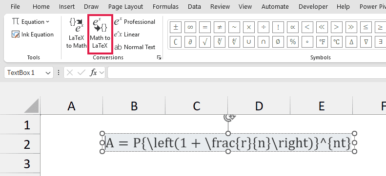 Math to LaTeX outlined in red above compound interest equation code on a blank worksheet.