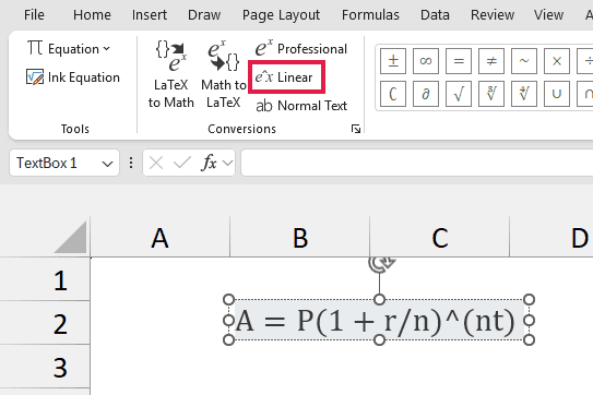 Linear outlined in red on the Equation tab above a one-line compound interest equation.