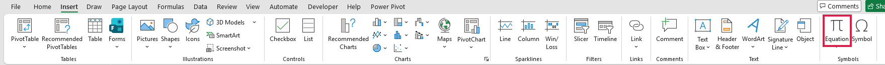 The Insert tab shows the Equation button outlined in red within the Symbols group.