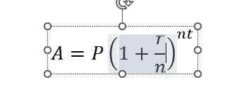 The compound interest equation shows r over n as a stacked fraction and nt as an exponent.
