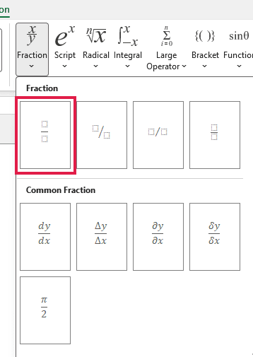 The Fraction gallery is open with Stacked Fraction outlined in red.