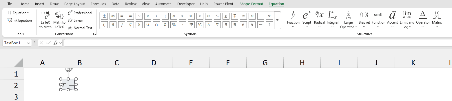 The Equation tab shows the Structures group above a new equation box containing r =.