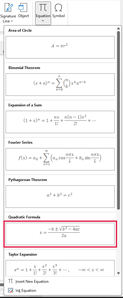 The Insert tab Equation gallery lists built-in equations with Quadratic Formula outlined in red.