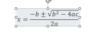 Quadratic formula with a square root in the numerator and 2a below the fraction bar.