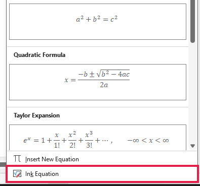 The Equation gallery shows Ink Equation outlined in red below Insert New Equation.