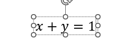 The worksheet displays the inserted equation x + y = 1.