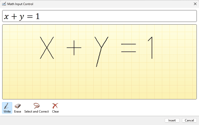 Math Input Control shows handwritten x + y = 1 in the yellow area and matching preview.