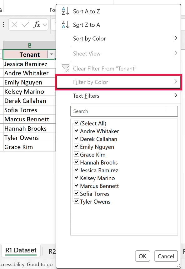 Tenant column filter menu with Filter by Color greyed out