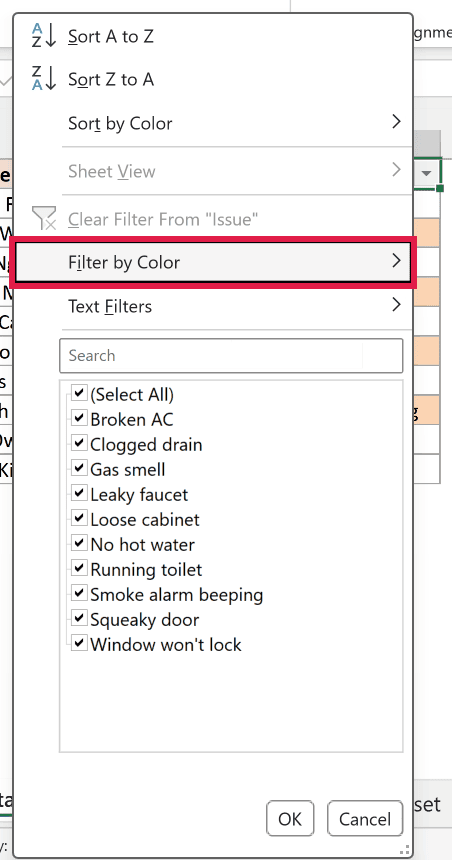 Issue column filter menu with Filter by Color available