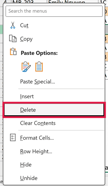 Right-click menu on row 7 with Delete highlighted