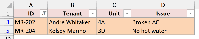Filtering by orange returns only two rows because the other two use a different shade