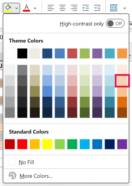 Home tab Fill Color palette with the Orange Accent 6 Lighter 60 percent swatch highlighted