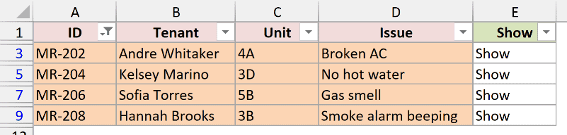 Orange rows filtered with Show typed in the helper column