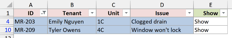 Blue rows filtered with Show typed in the helper column