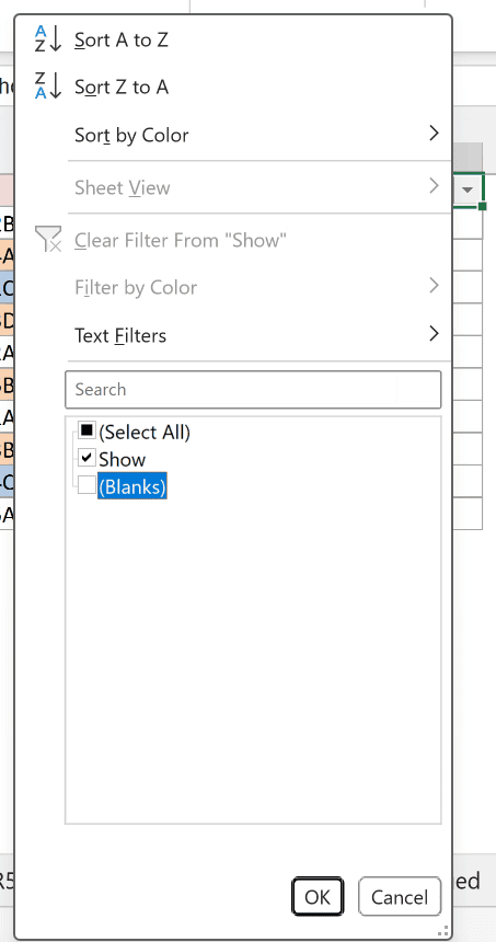 Show column filter menu with Blanks unchecked