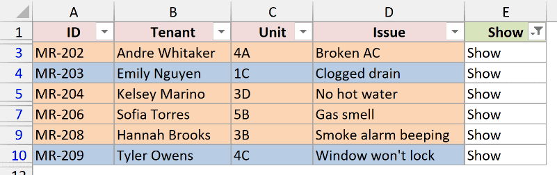 Both orange and blue rows visible together after filtering the Show column