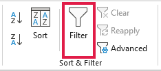 Filter button in the Sort & Filter group on the Data tab