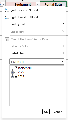 Rental Date filter drop-down with dates grouped into 2025 and 2026