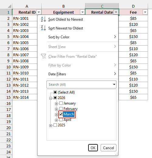 Rental Date filter drop-down with only March 2026 checked