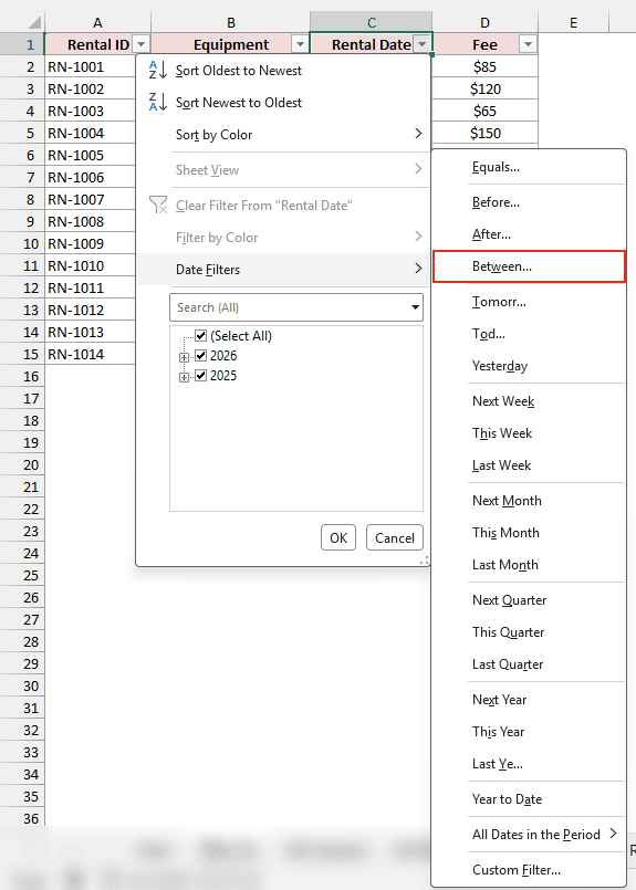 Date Filters submenu with the Between option highlighted