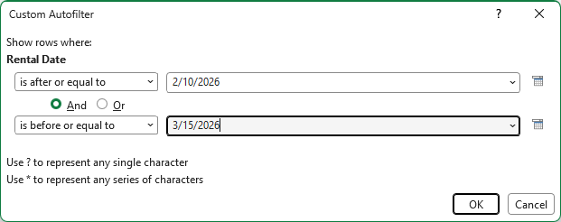 Custom AutoFilter dialog box set to dates between 2/10/2026 and 3/15/2026