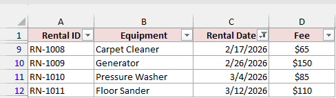 Rental log filtered to rentals from 2/10/2026 to 3/15/2026