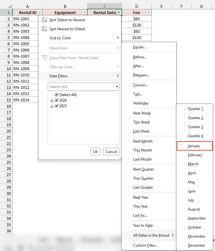 All Dates in the Period submenu with January highlighted