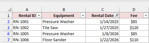 Rental log filtered to January rentals from 2025 and 2026