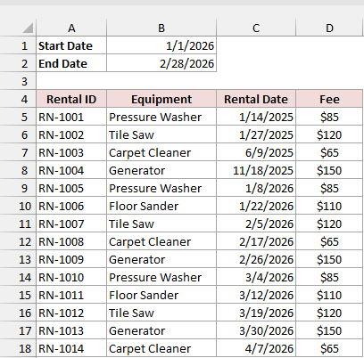 Start Date and End Date cells above the rental log
