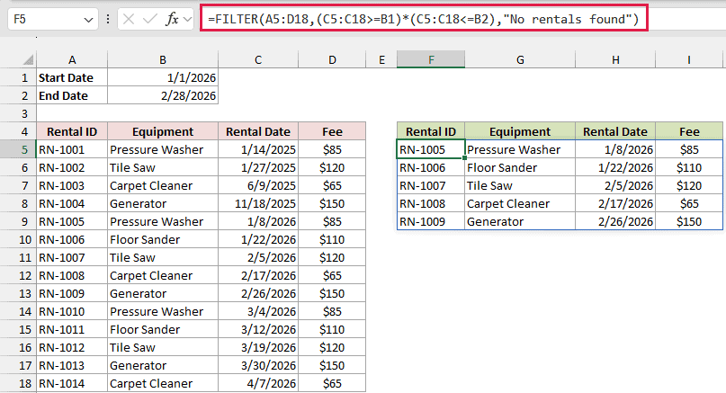 FILTER formula returning rentals between the start and end dates