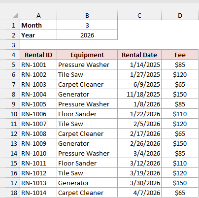 Month and Year cells above the rental log