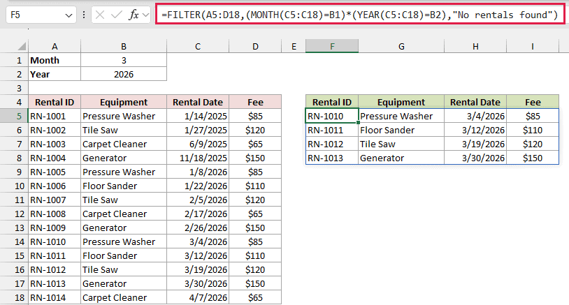 FILTER formula with MONTH and YEAR returning March 2026 rentals