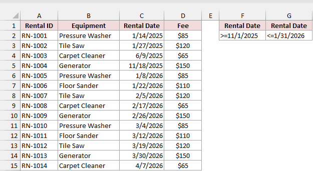 Rental log with a date criteria range in F1:G2