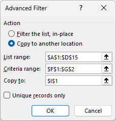 Advanced Filter dialog box set to copy matching rows to I1