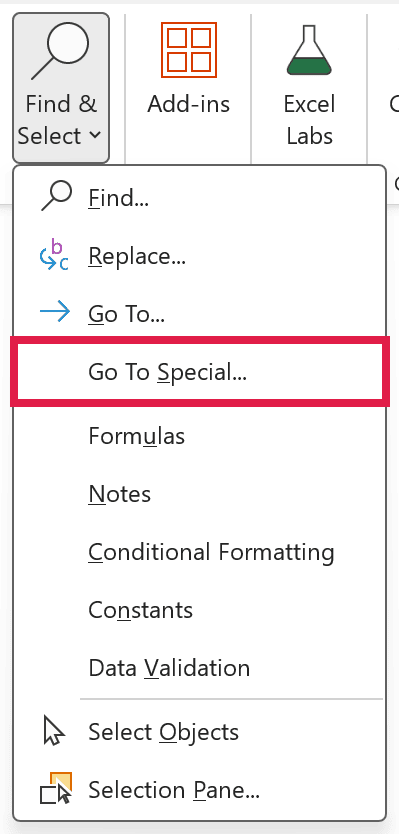 Find & Select menu on the Home tab with Go To Special highlighted