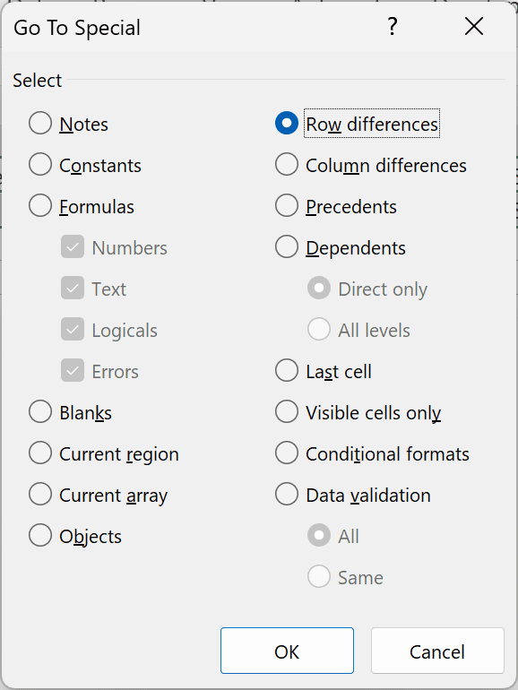 Go To Special dialog box with Row differences selected