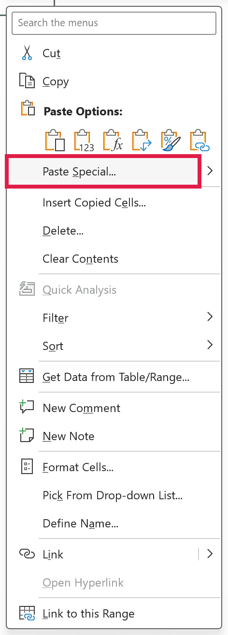 Right-click menu on cell A6 with Paste Special highlighted