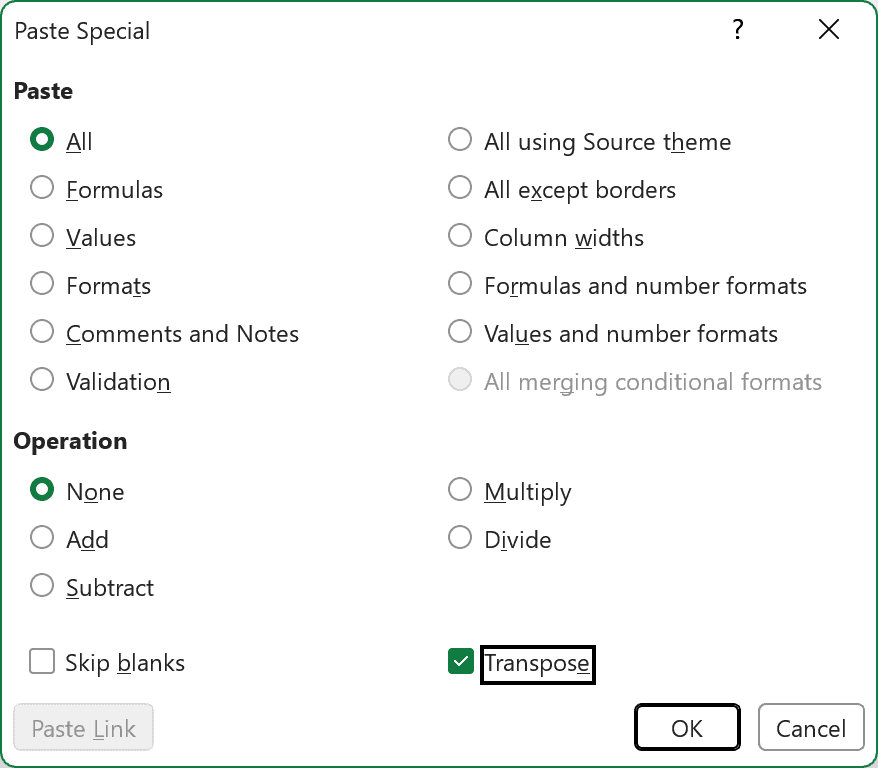 Paste Special dialog box with the Transpose option checked