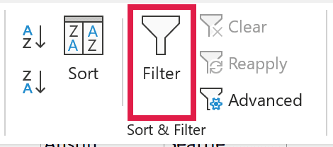 Filter button in the Sort & Filter group on the Data tab