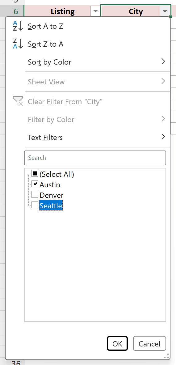 City filter drop-down with only Austin checked