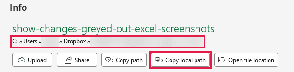 File > Info shows the location of the currently open local workbook.