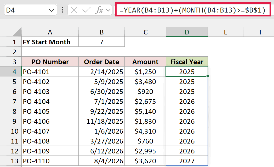 YEAR and MONTH formula in D4 returning the fiscal year of each order
