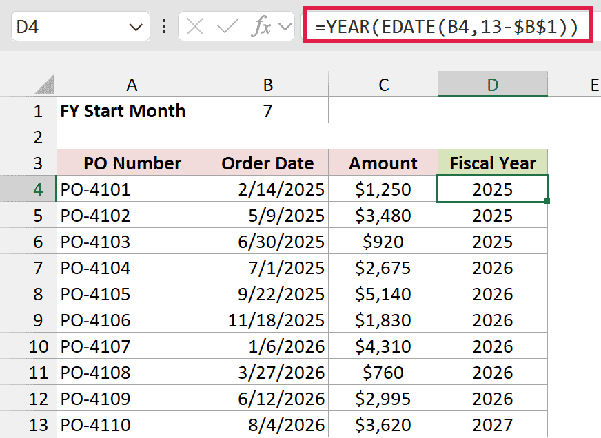 EDATE formula in D4 returning the fiscal year, copied down column D