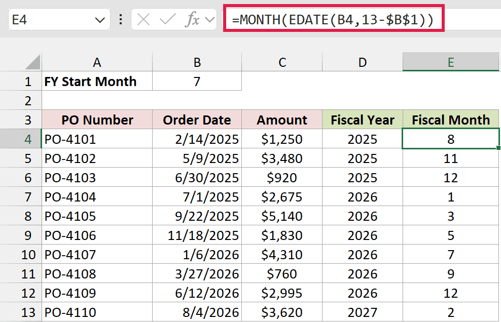 MONTH and EDATE formula in E4 returning the fiscal month, with July as month 1