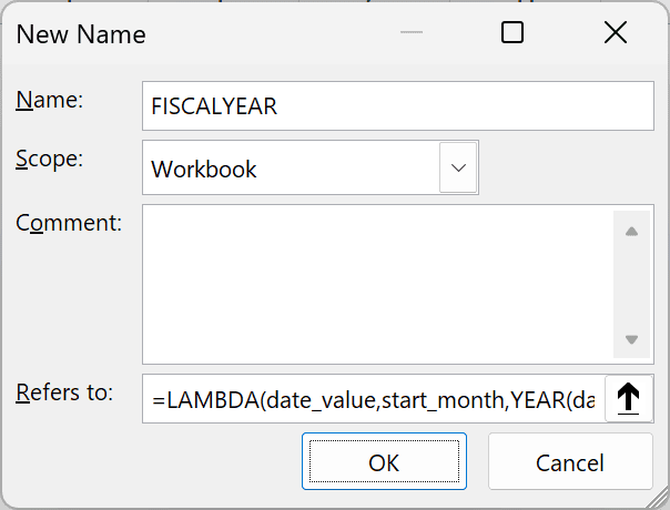New Name dialog with FISCALYEAR as the name and the LAMBDA formula in Refers to