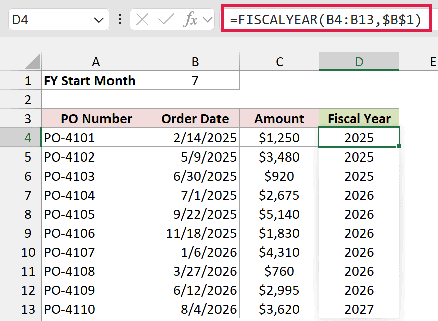 Custom FISCALYEAR function in D4 returning the fiscal year of each order