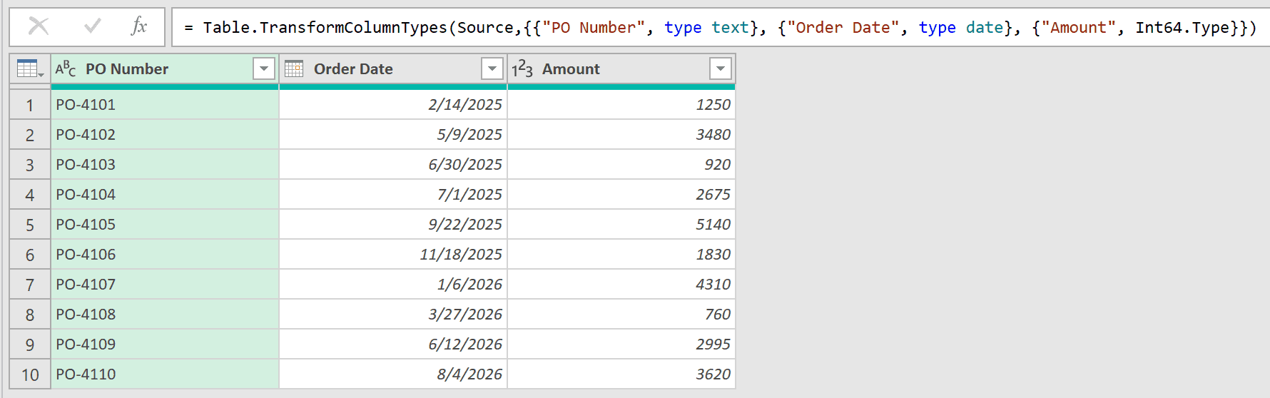 Changed Type step with the Order Date column set to the Date type
